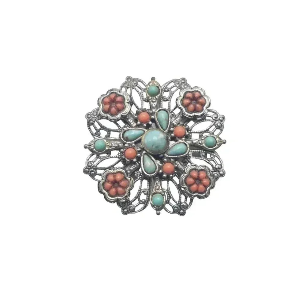 Vintage Faux Turquoise Coral Brooch Pin Silver Tone Filigree Southwestern Style